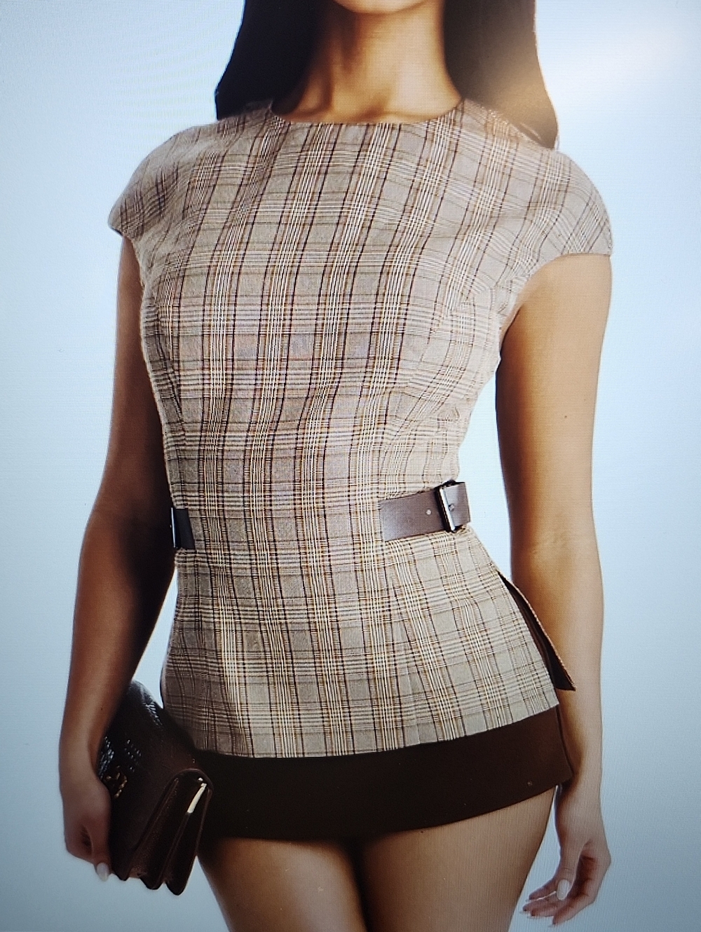 Fashion Nova Plaid Cap-Sleeve Peplum Top in Beige and Brown